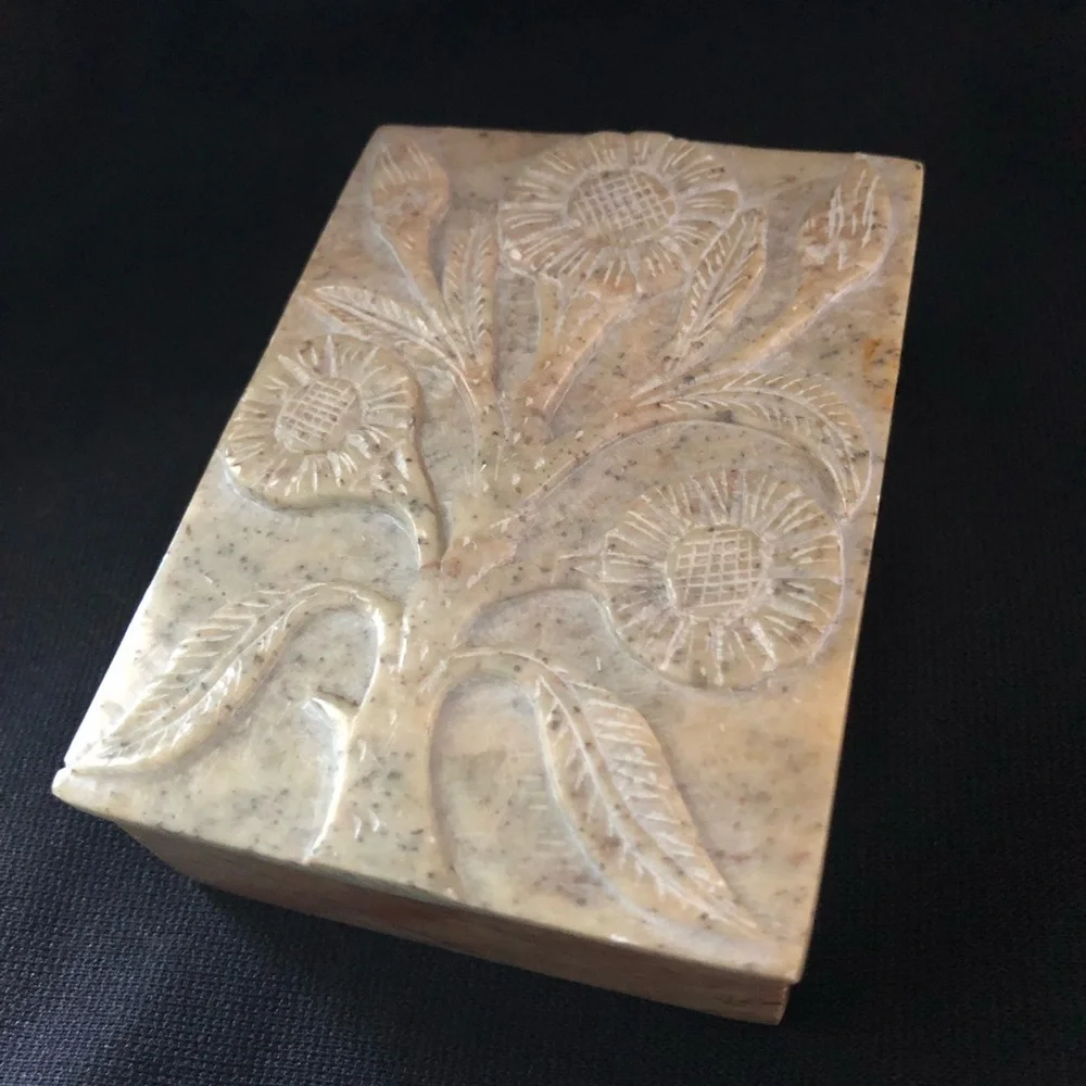 Handcrafted Floral Carved Stone Keepsake Trinket Box